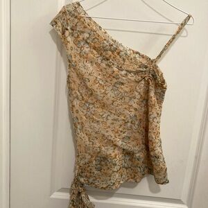 Chic Floral One-Shoulder Silk Blouse - Tan and Blue